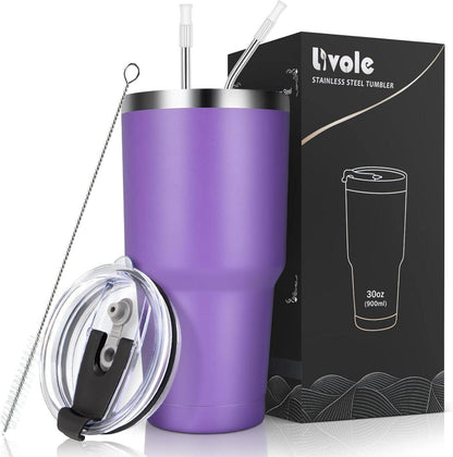 Livole 30oz Trinkbecher mit Strohhalm, Edelstahl, Isoliert, Lila