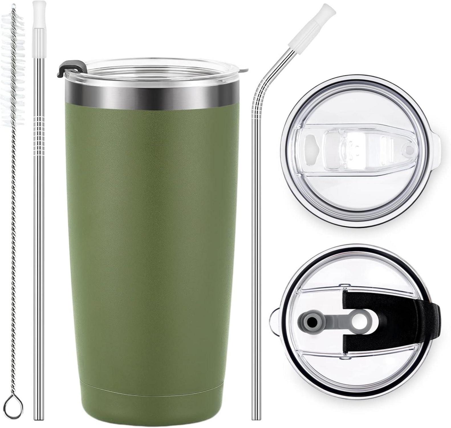 Livole Thermobecher 20oz 600ml Edelstahl Becher mit Strohhalm und Deckel, Doppelwandig Vakuum Trinkbecher, Camping Becher für Kaffee, Armee Grün