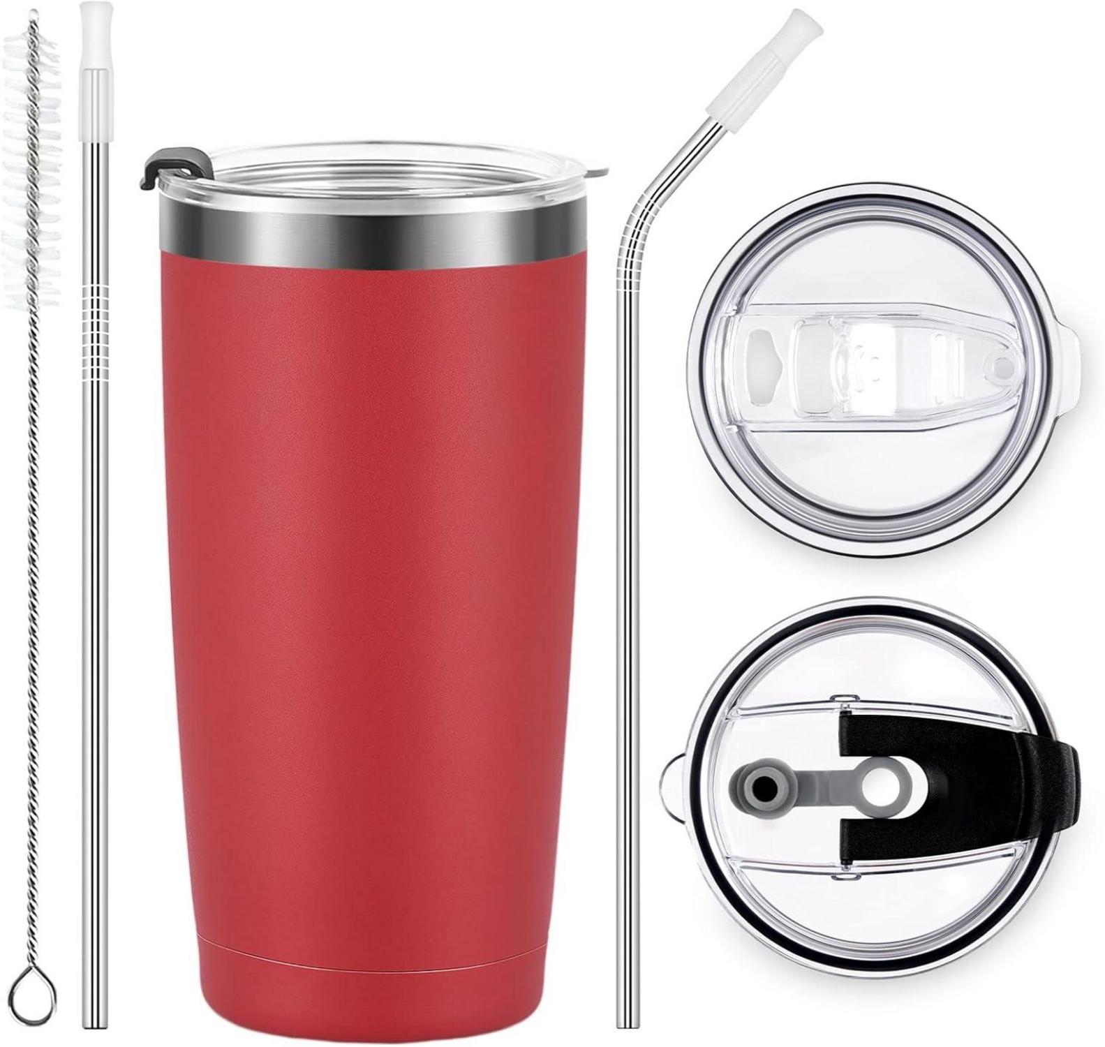 Livole Thermobecher 20oz 600ml Edelstahl Becher mit Strohhalm und Deckel, Doppelwandig Vakuum Camping Becher für Kaffee, Rot