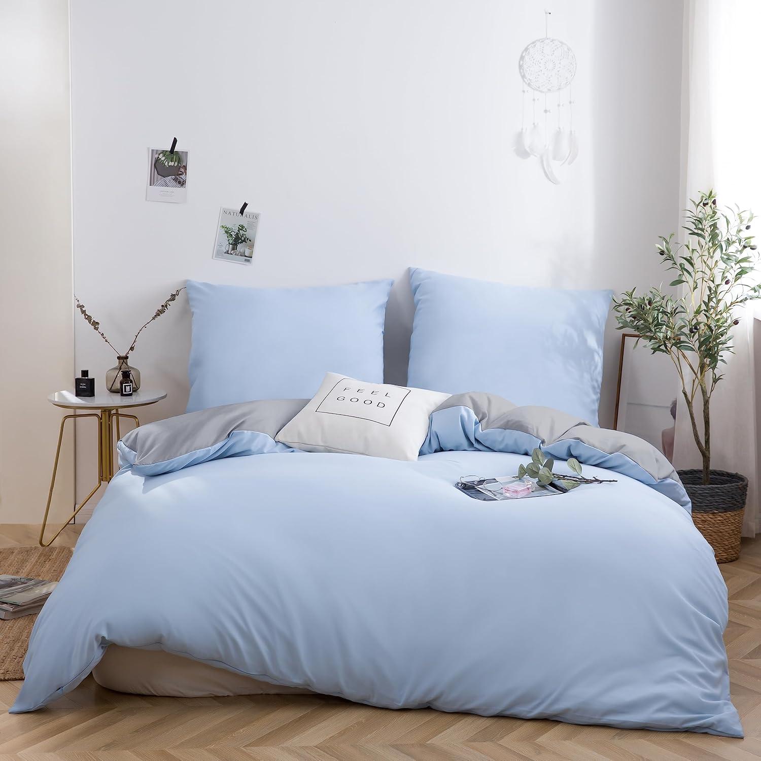 Bettwäsche Microfaser gebürstet Hellgrau/Spa Blau 200x200 2x80