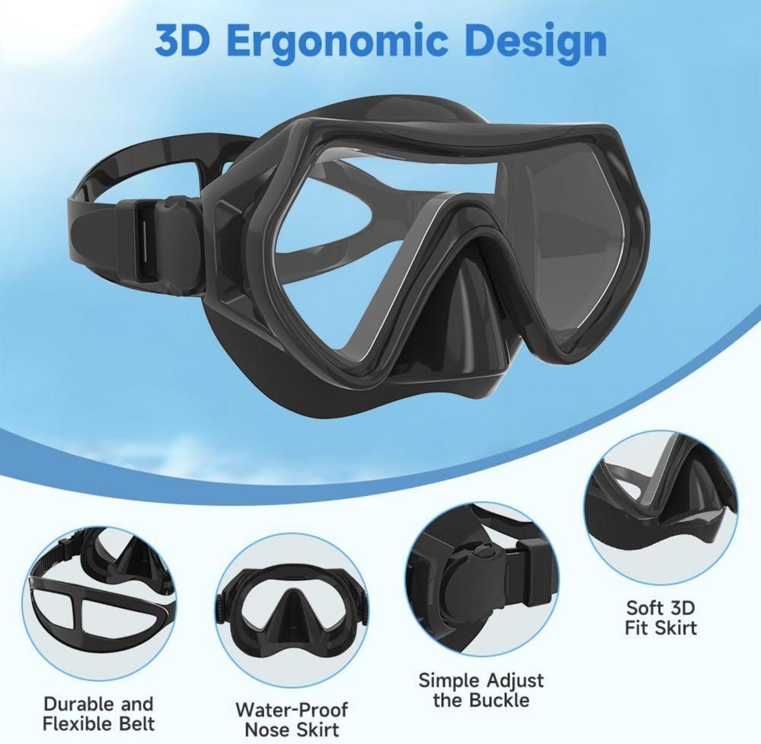 Taucherbrille mit HD Glas, Verstellbares Silikonband, Anti-Leck
