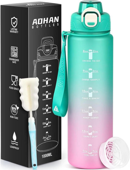 Trinkflasche Sport 1l BPA-frei mit Strohhalm & Zeitmarkierung
