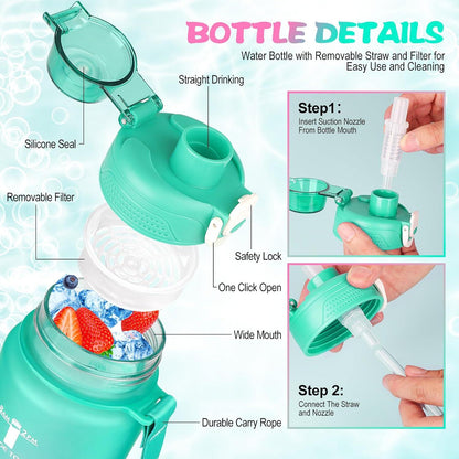 AOHAN Trinkflasche Sport 1l BPA-frei mit Strohhalm Grün Rosa