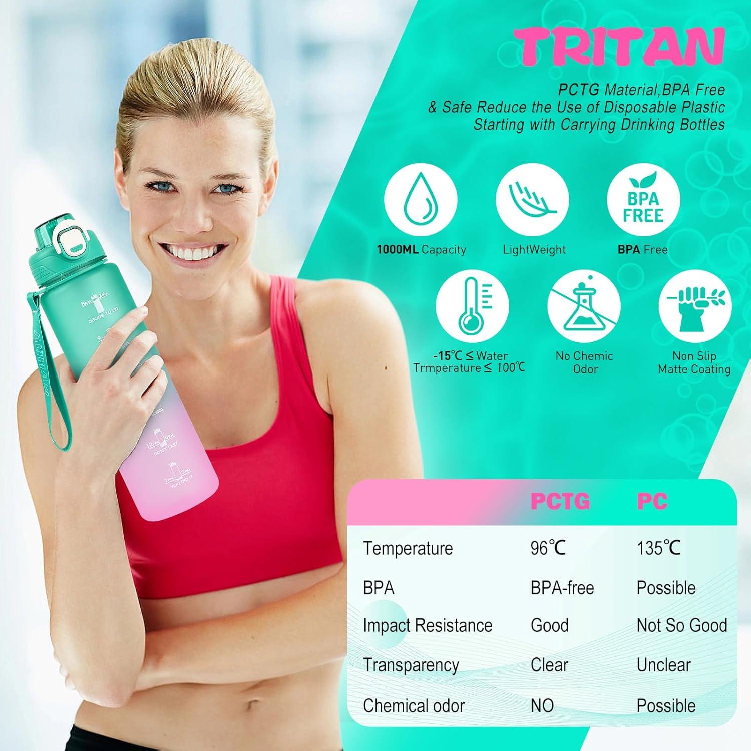 AOHAN Trinkflasche Sport 1l mit Strohhalm BPA-frei Fitness Outdoor Grün Rosa
