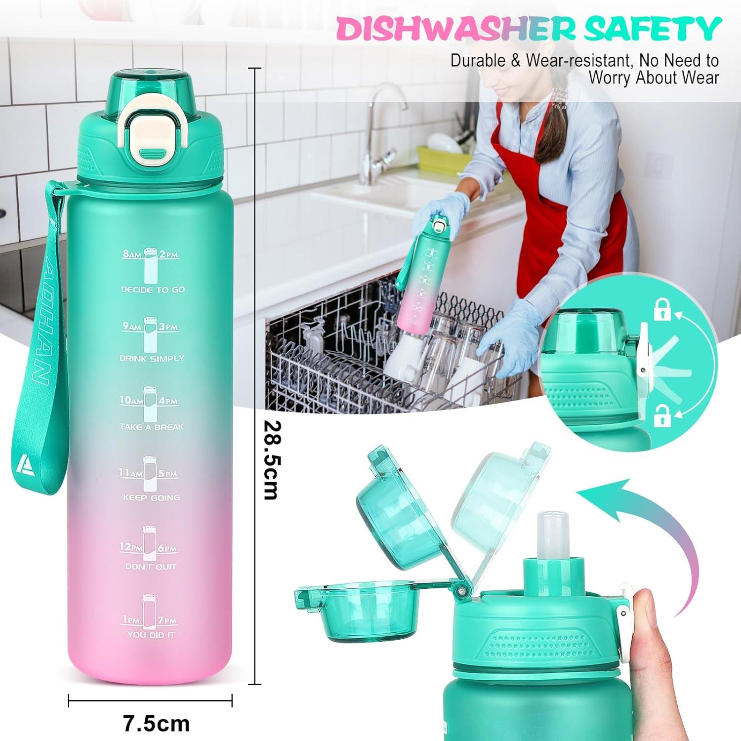Trinkflasche Sport 1l BPA-Frei Auslaufsicher Strohhalm Fitness Büro Grün Rosa