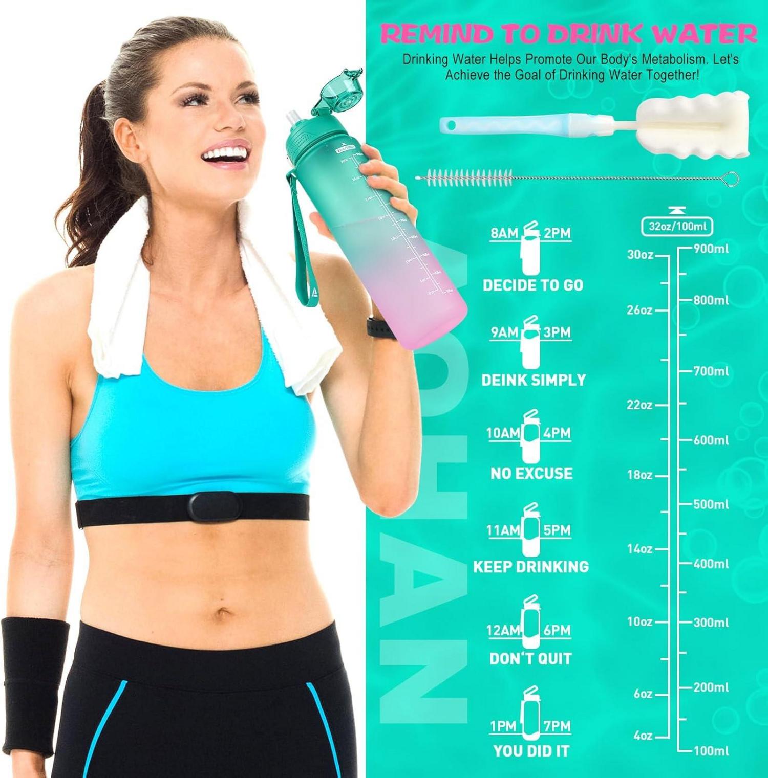 Trinkflasche Sport 1l Wasserflasche BPA-Frei mit Filter Grün Rosa