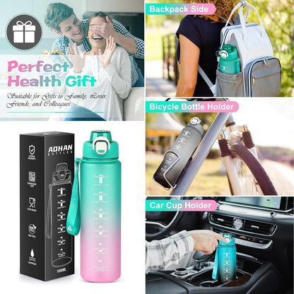 Trinkflasche Sport 1l BPA-Frei Auslaufsicher Strohhalm Fitness Büro Grün Rosa