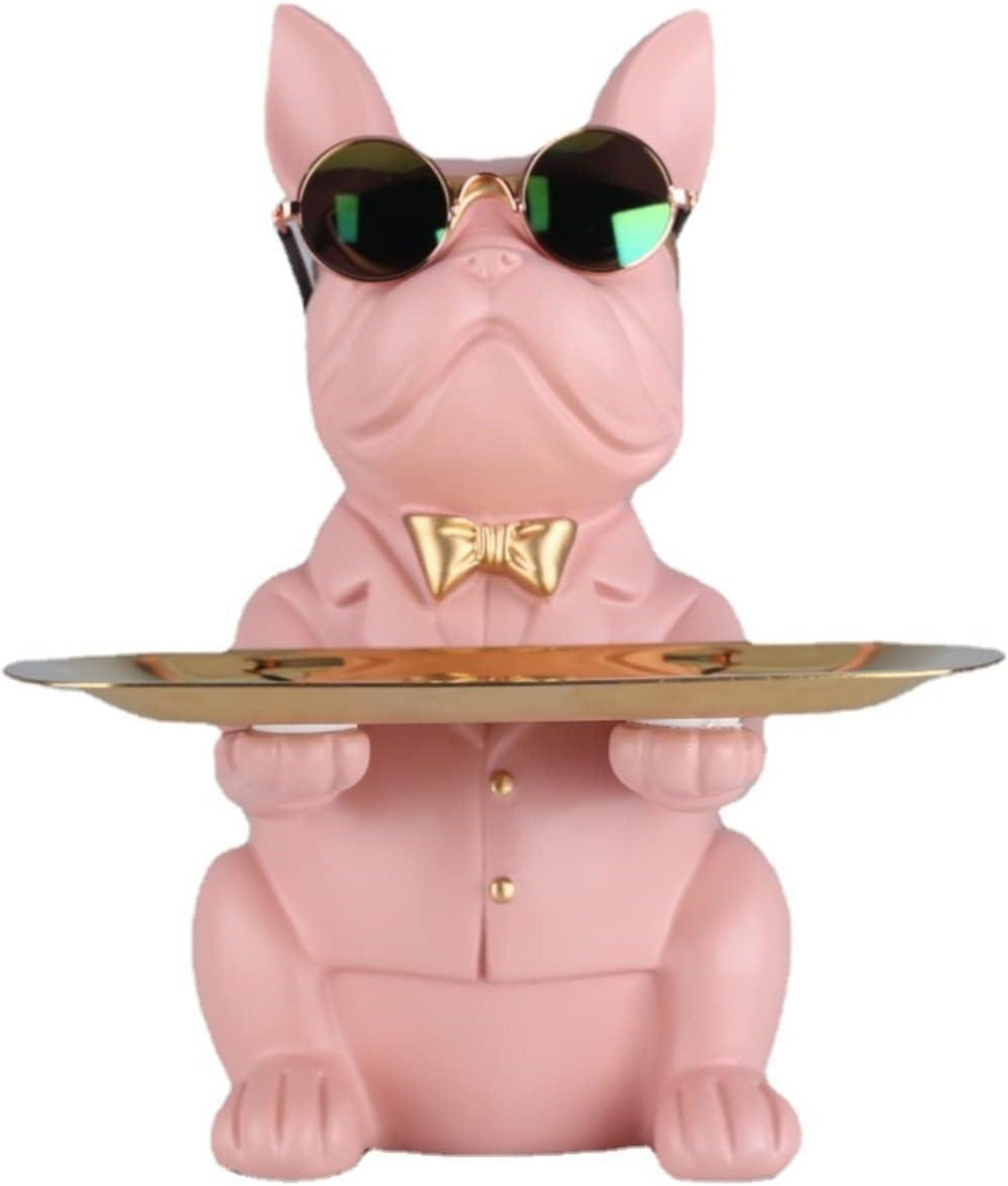 Bulldoggen-Statue Harz-Hunde-Dekoration Aufbewahrungstablett Pink