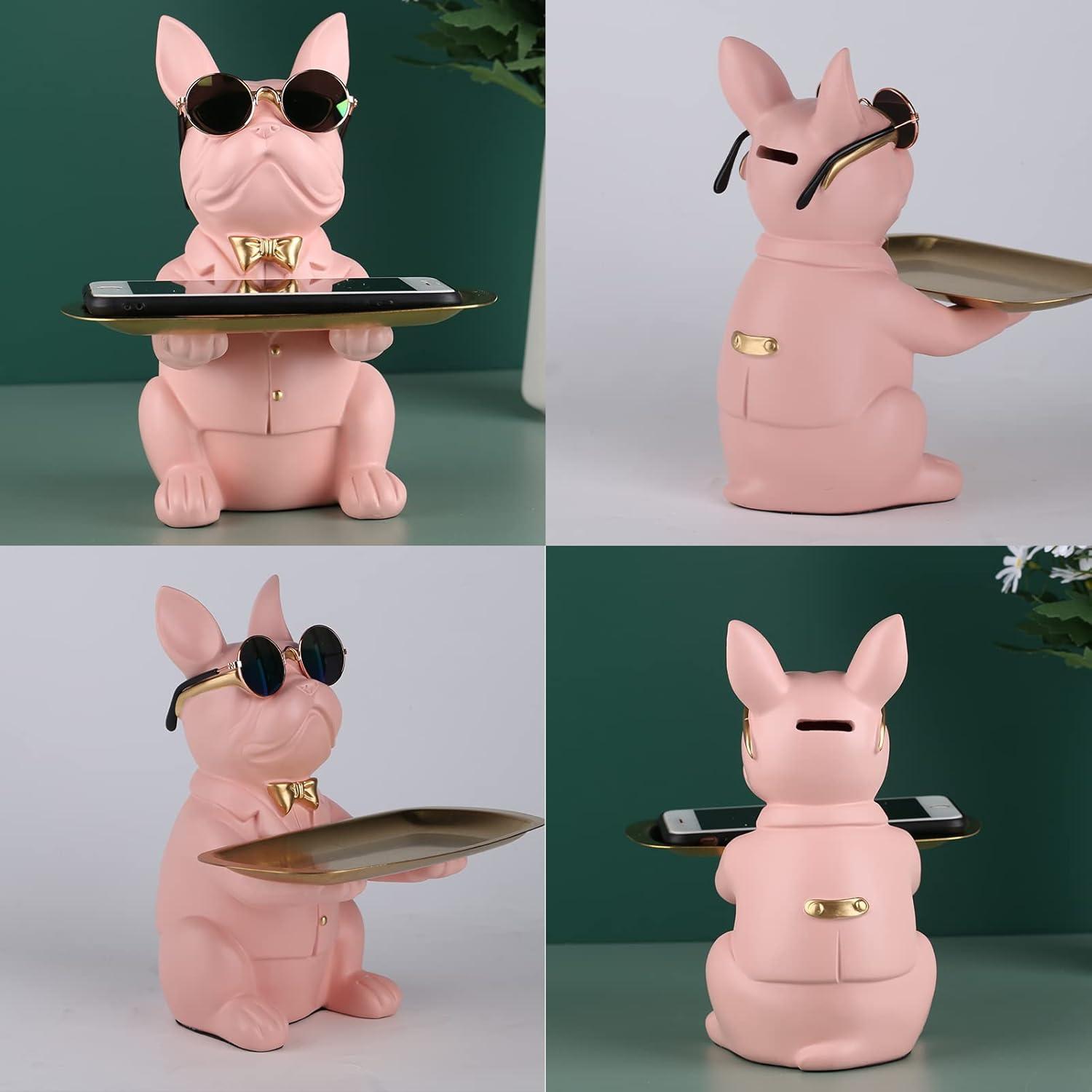 XYQXYQ Bulldoggen-Statue Harz-Hunde-Dekoration Aufbewahrungstablett Pink