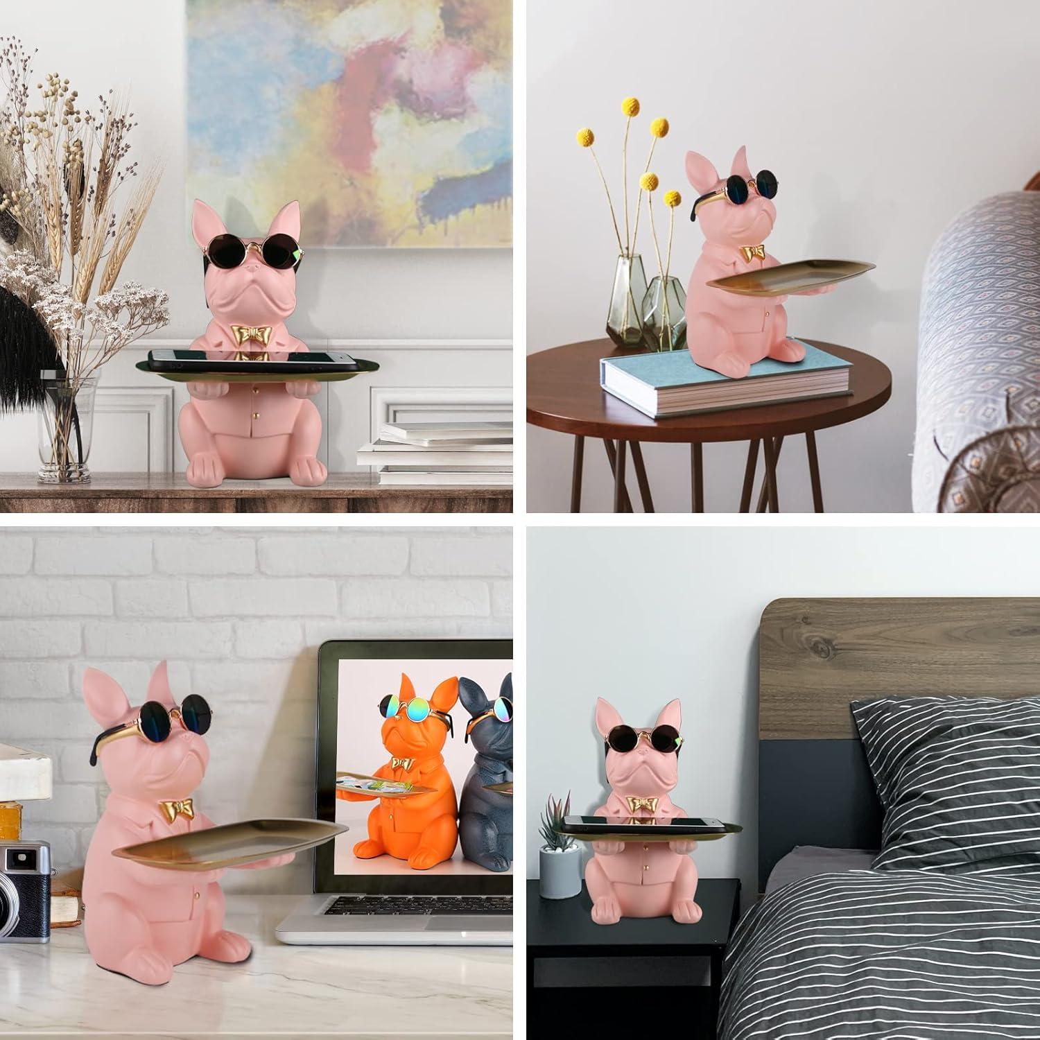 Bulldoggen-Statue Harz-Hunde-Aufbewahrungstablett Pink