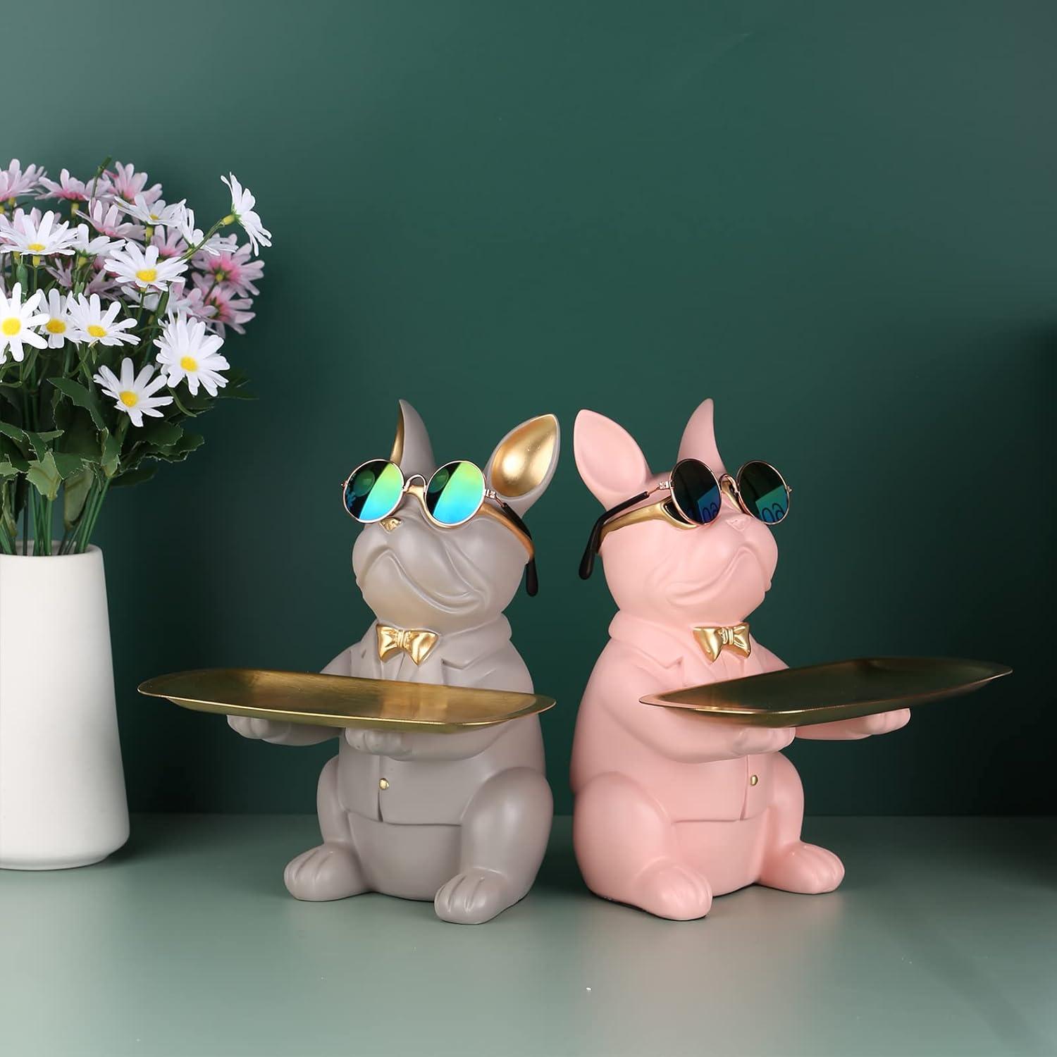 Bulldoggen-Statue Harz-Hunde-Aufbewahrungstablett Pink