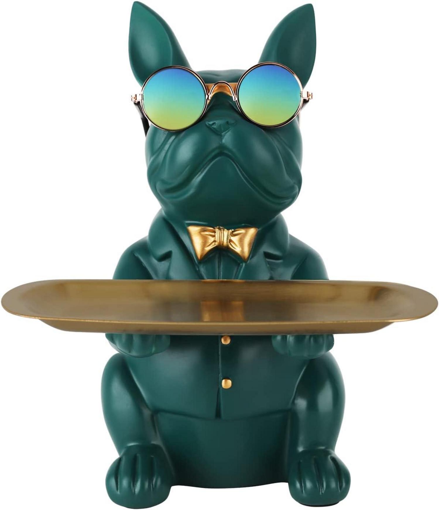 Multifunktionale Bulldoggen-Statue Harz Hunde-Aufbewahrungstray Grün
