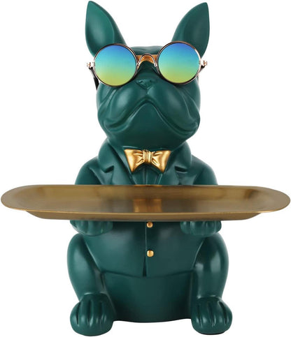 Multifunktionale Bulldoggen-Statue Harz Hunde-Aufbewahrungstray Grün