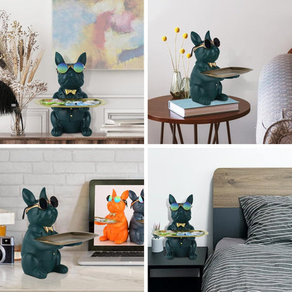 Multifunktionale Bulldoggen-Statue Harz Hunde-Aufbewahrungstray Grün