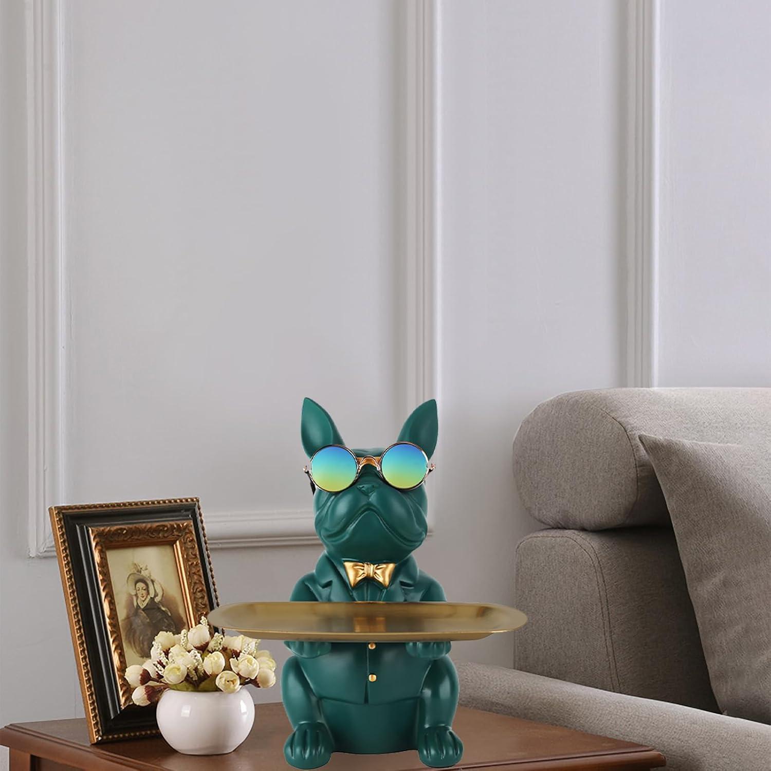 XYQXYQ Bulldoggen-Statue Harz-Hunde-Dekoration Aufbewahrungstablett 19x20x23,5 cm