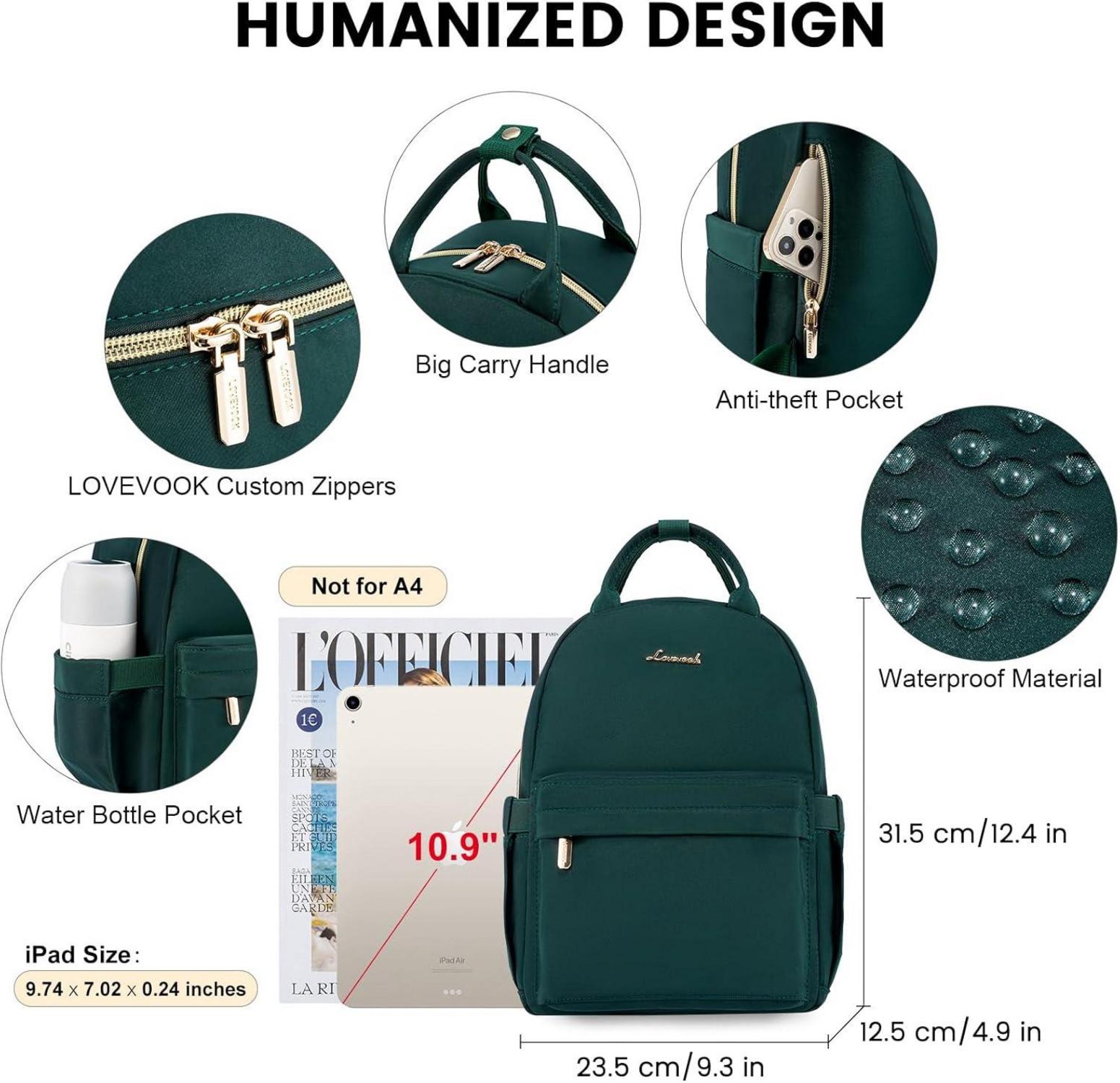 Kleiner Rucksack Damen 2 in 1 Wasserdicht Mini Backpack Grün 11 zoll