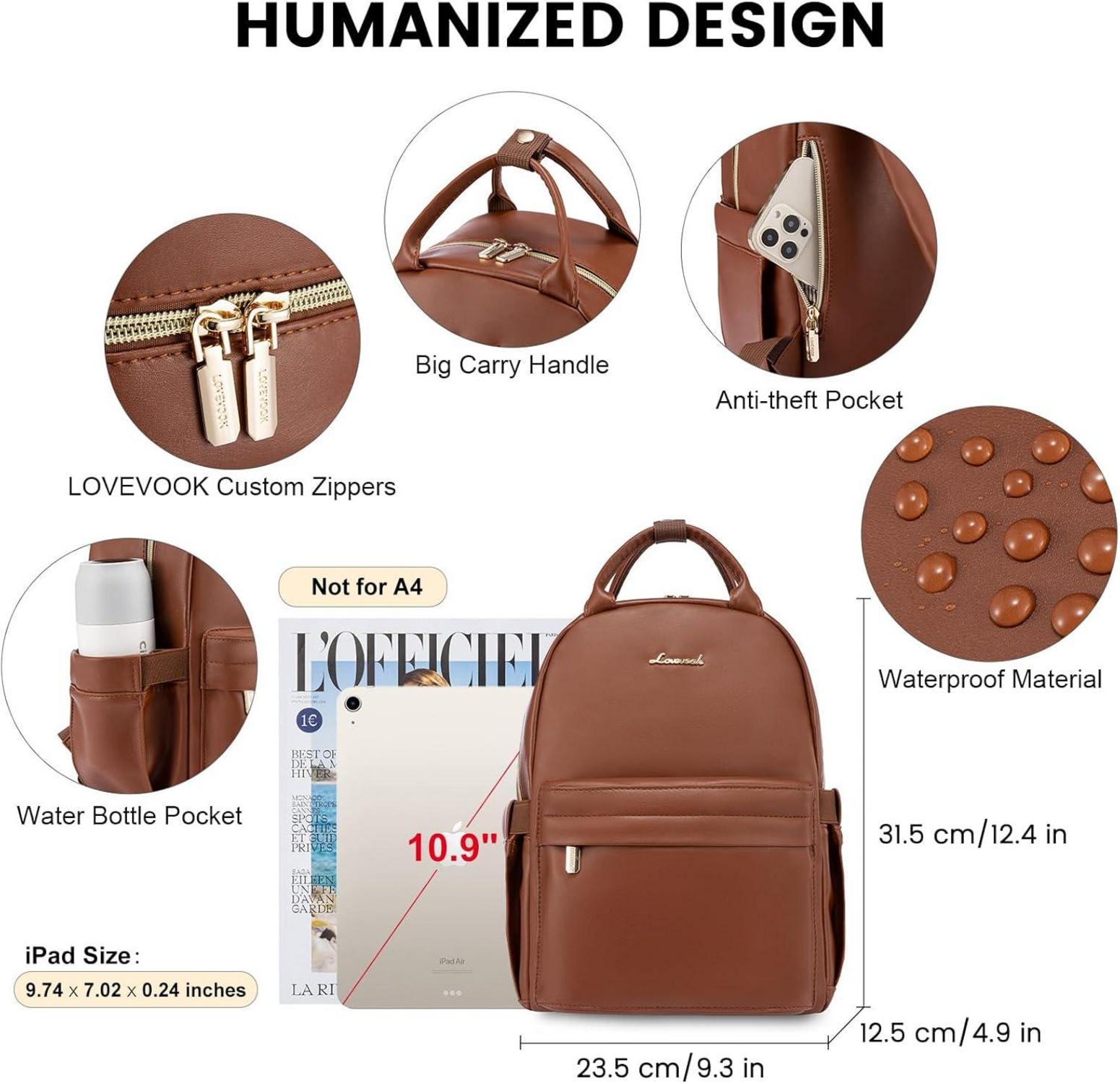 LOVEVOOK Kleiner Leder Rucksack Damen Braun 2 in 1 Wasserdicht Mini Backpack