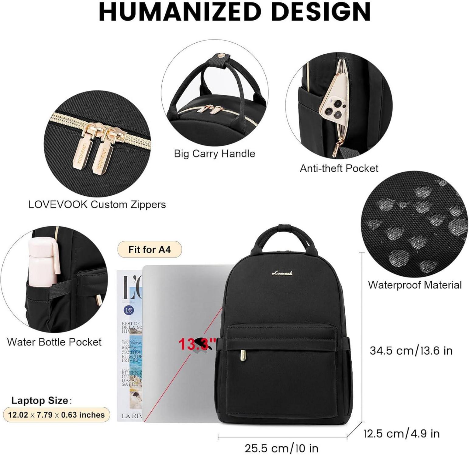 LOVEVOOK Damen Rucksack Klein Schwarz Wasserdicht 13.3 zoll Laptop Daypack