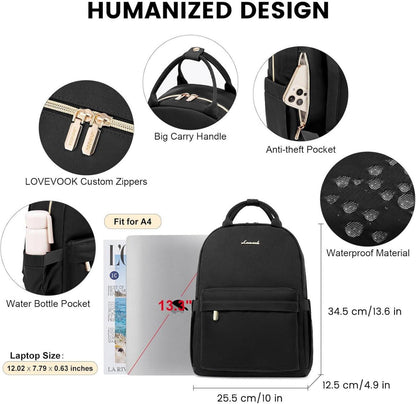 LOVEVOOK Damen Rucksack Klein Schwarz Wasserdicht 13.3 zoll Laptop Daypack