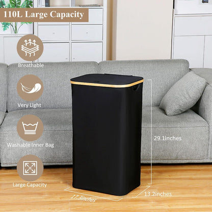 110L Wäschekorb mit Deckel und Bambusgriffen Schwarz