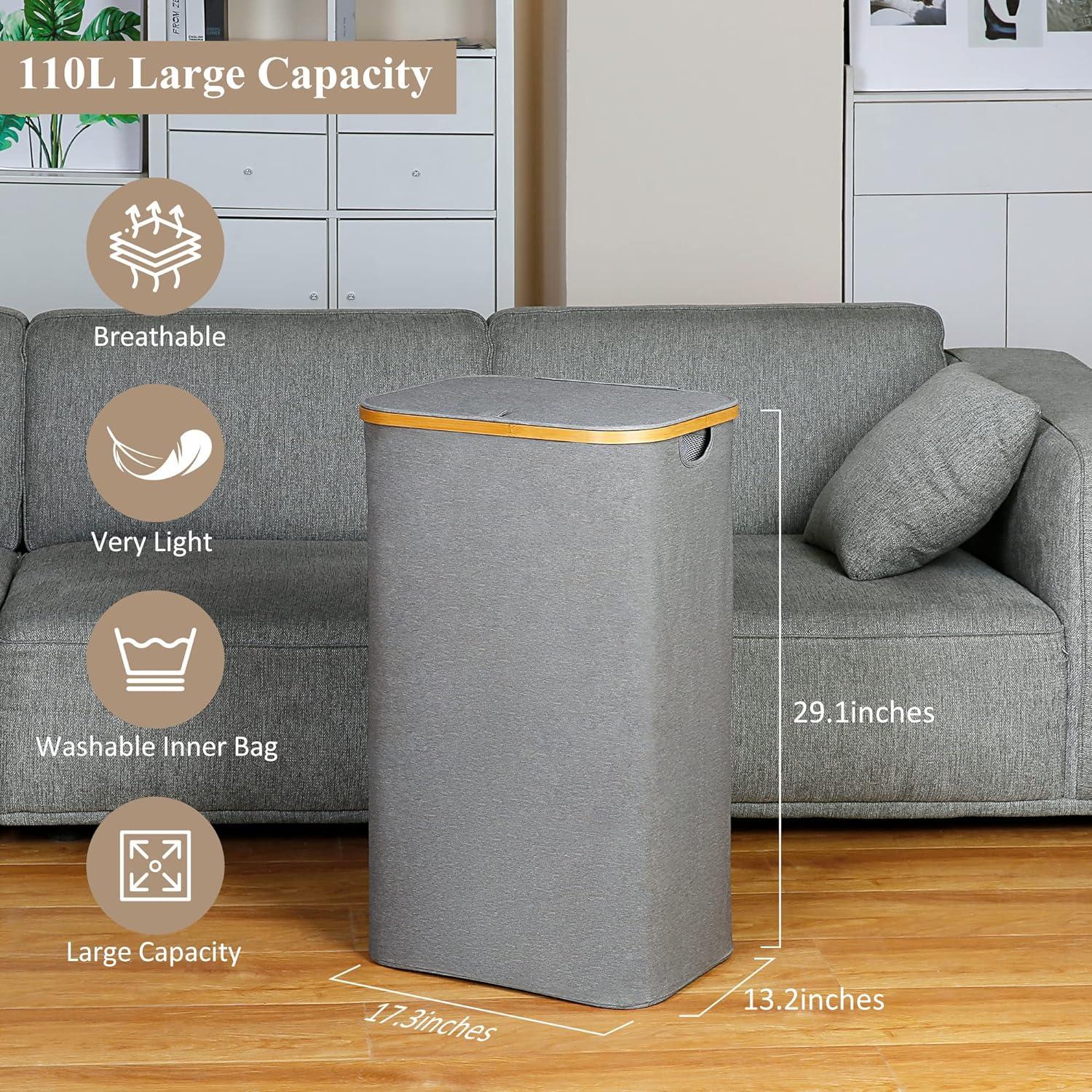 Wäschekorb mit Deckel 110L XL Bambusgriff grau Handhabung