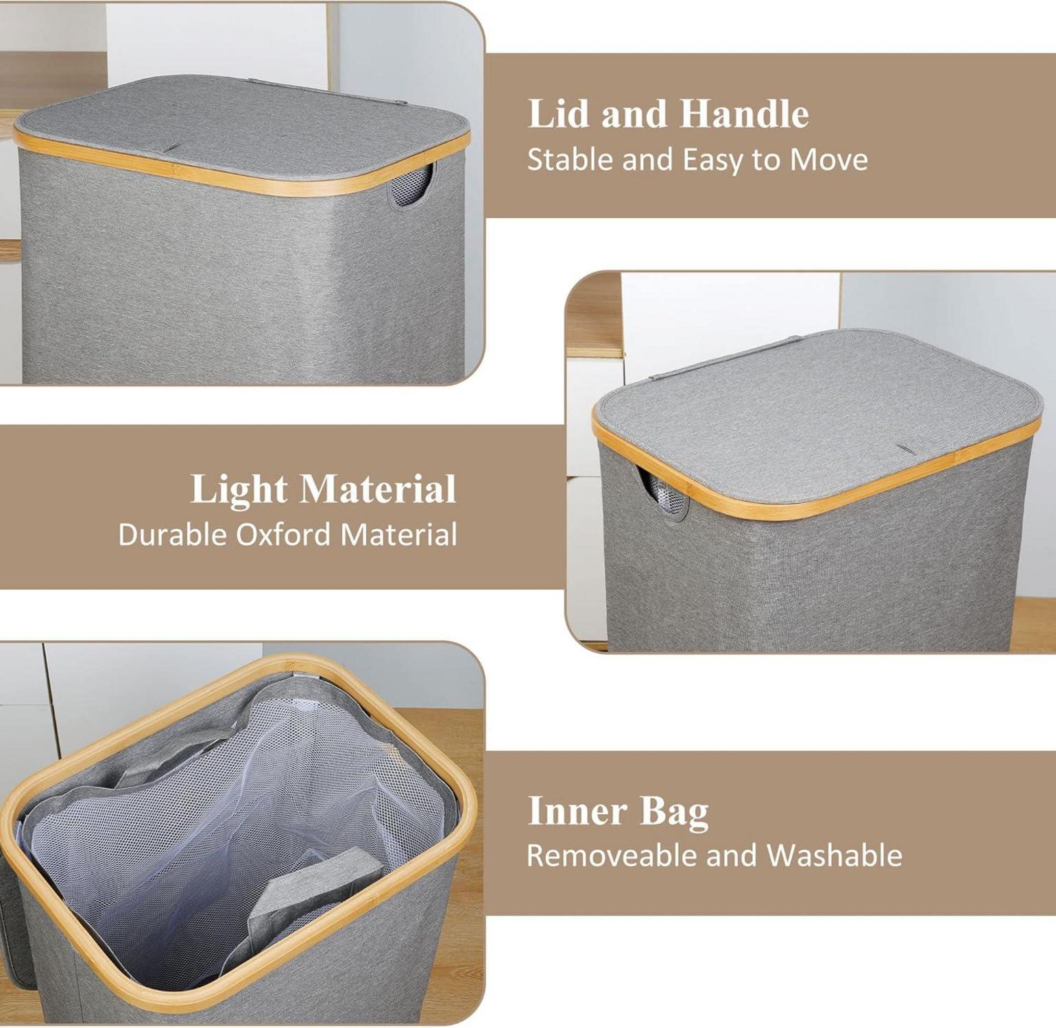 Wäschekorb mit Deckel 110L XL Herausnehmbarer Innentasche Grau