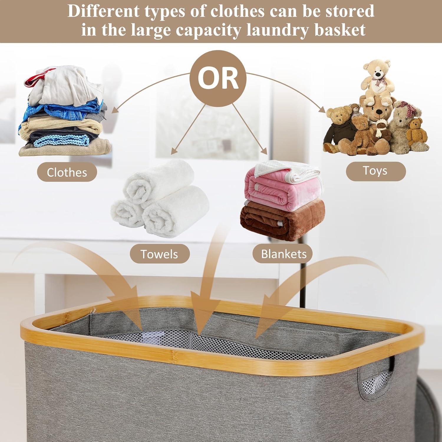 Wäschekorb XL 110L mit Deckel und Innentasche Grau