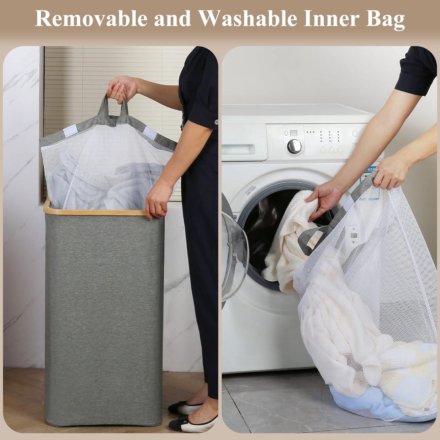 Wäschekorb 110L mit Deckel XL Innentasche waschbar Grau