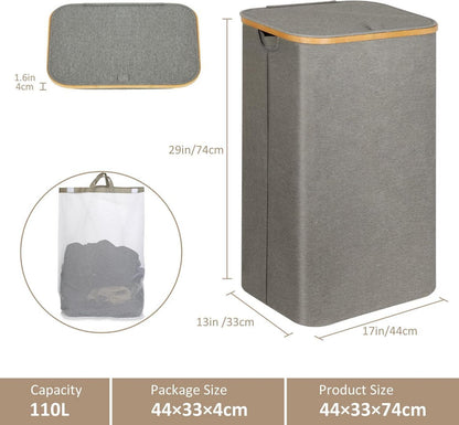 Wäschekorb XL mit Deckel und 110L Innentasche Grau