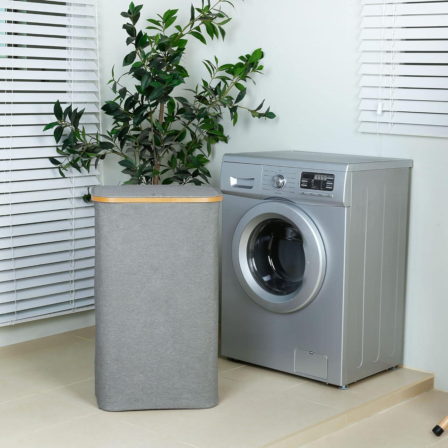 Wäschekorb 110L mit Deckel XL Innentasche waschbar Grau