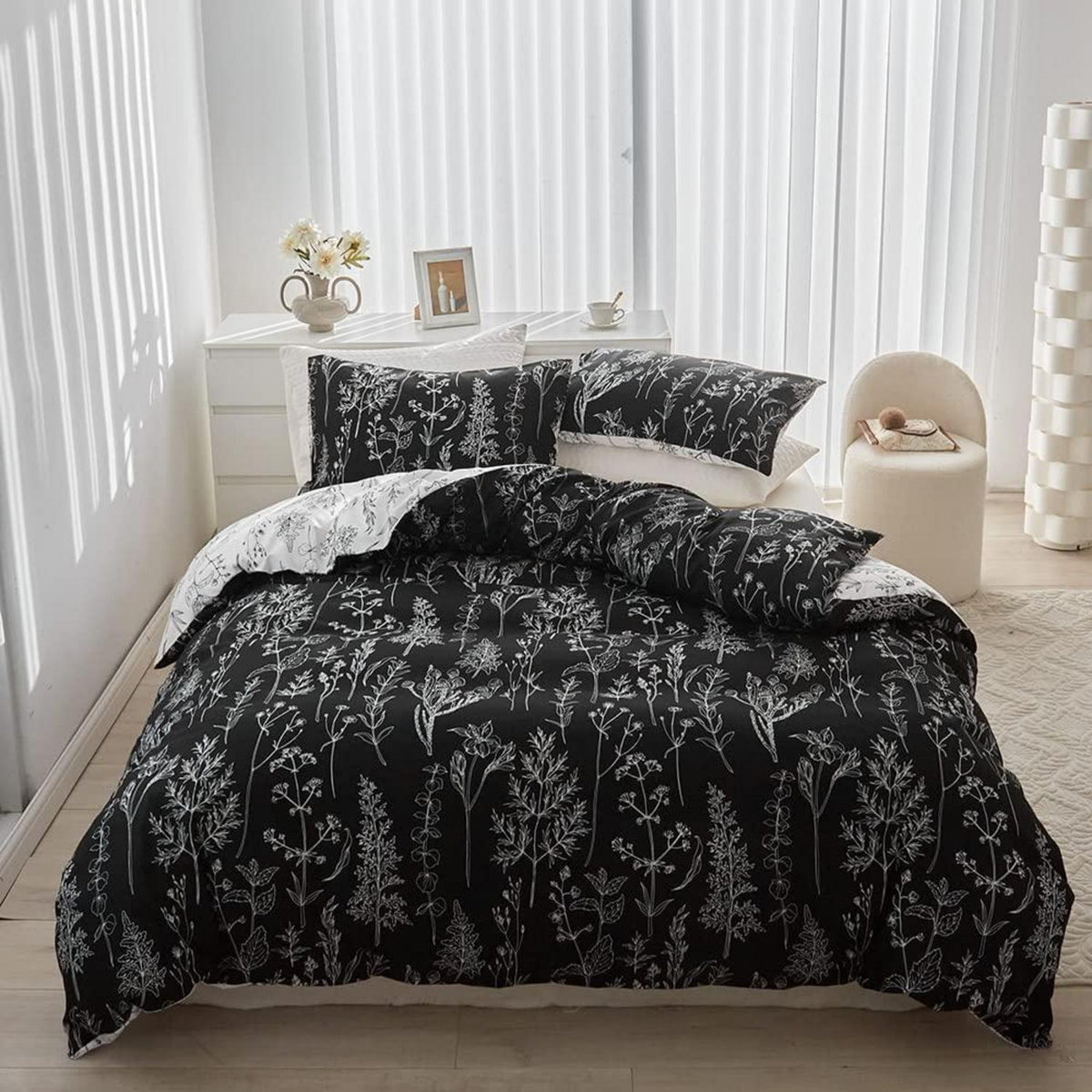 Bettwäsche-Set 135x200 Schwarz Weiß Botanisch Mikrofaser