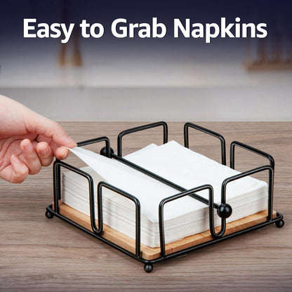 Serviettenhalter aus Metall Schwarz mit Holzsockel & gewichteter Stange