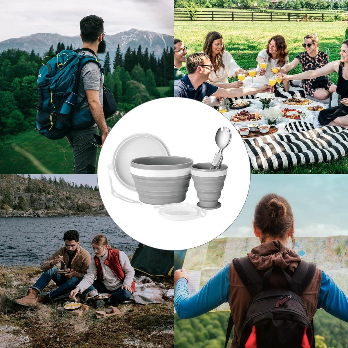 Odoland Camping Geschirr Set mit Silikonschüssel, Becher & Edelstahllöffel