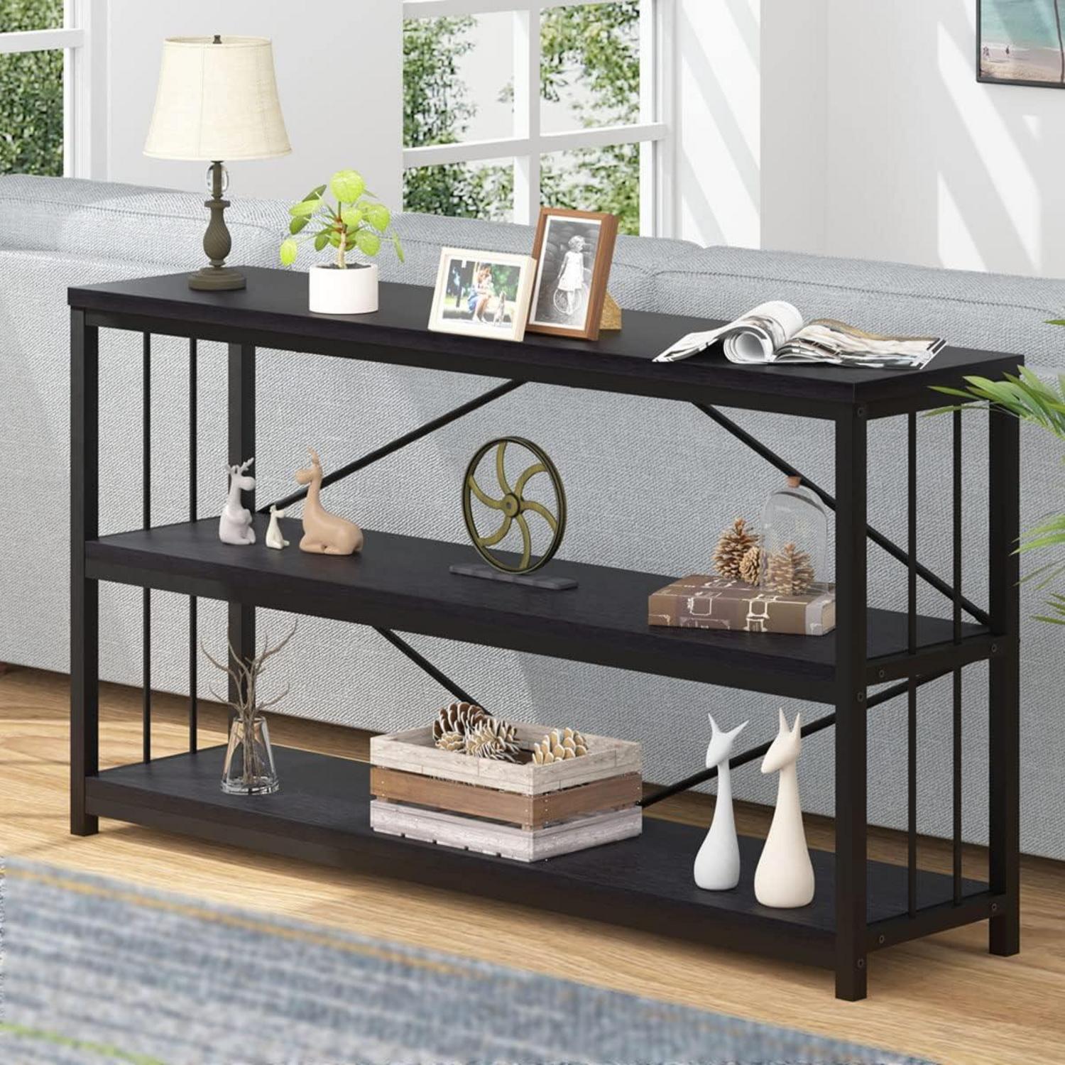 Konsolentisch Holz Schwarz 3 Ebenen Bücherregal 140 x 34 x 75 cm