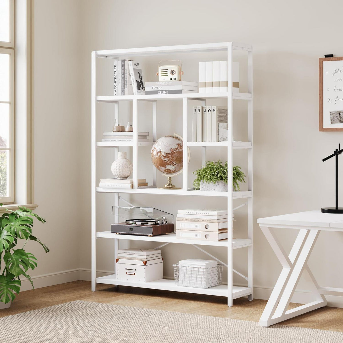 Bücherregal 6 Ebenen Holz Metall Standregal Weiß 120x180cm