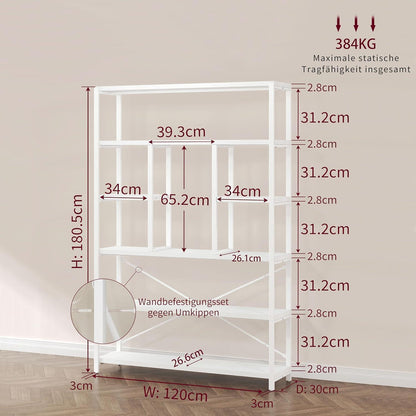Bücherregal 6 Ebenen Holz Metall Standregal Weiß 120x180cm