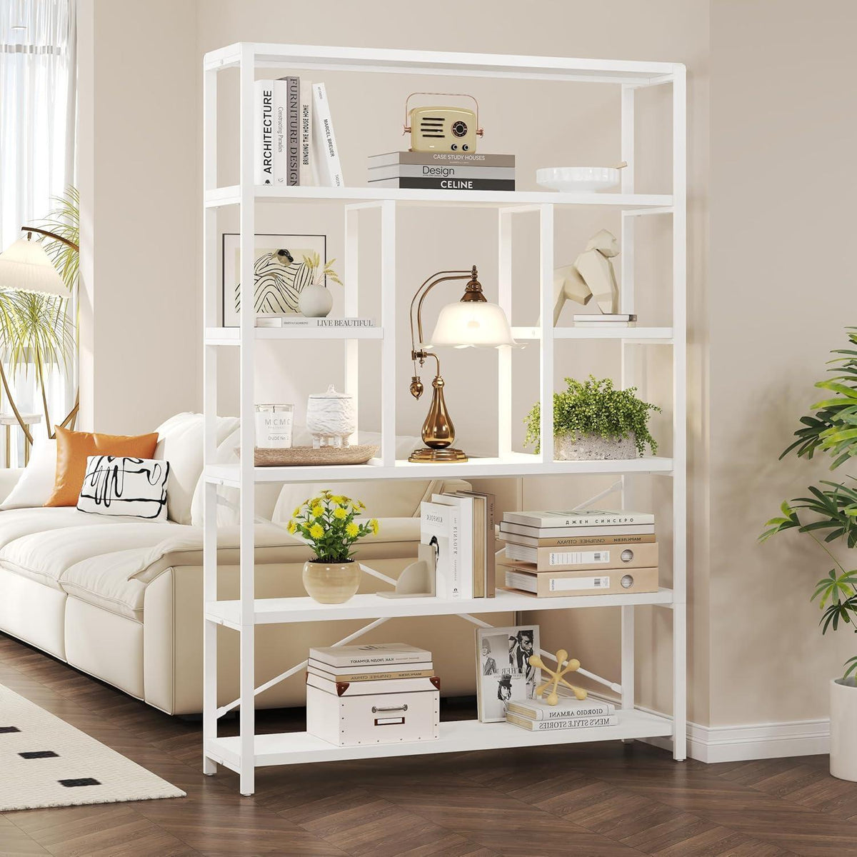 Bücherregal 6 Ebenen Holz Metall Standregal Weiß 120x180cm