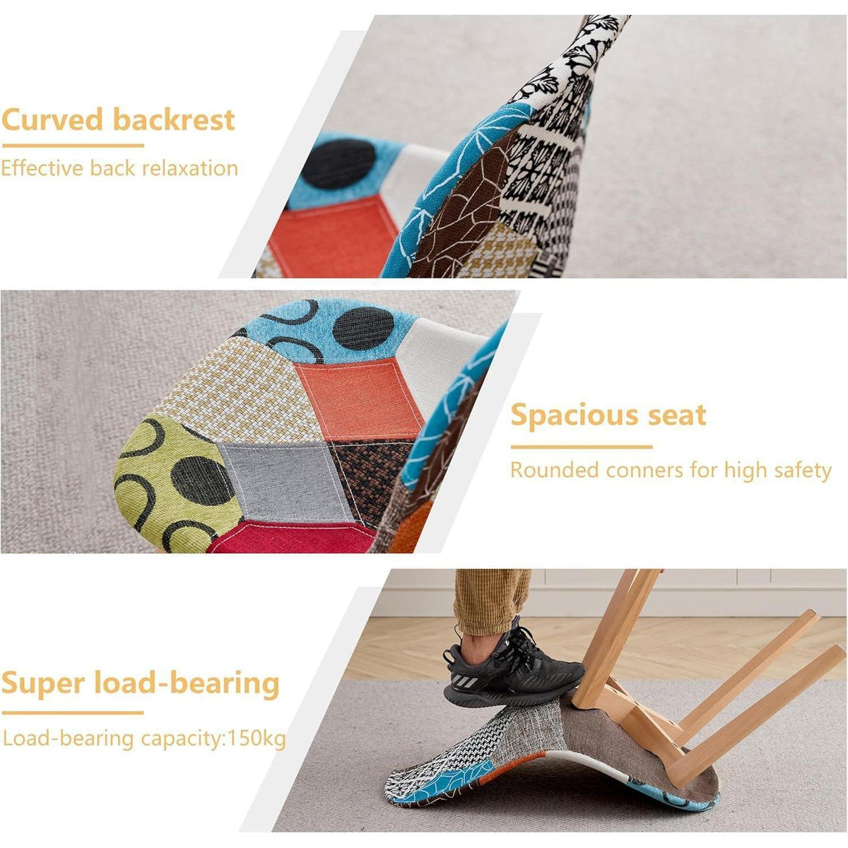 Patchwork Esszimmerstuhl Set (8 Stühle) – Bequemer Stoffstuhl mit Holzbeinen
