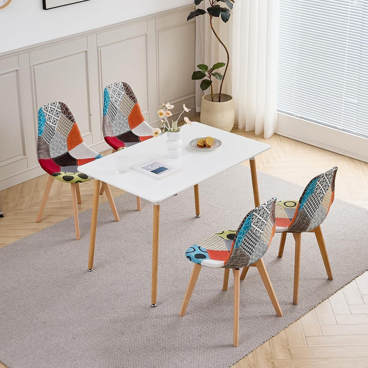 Patchwork Esszimmerstuhl Set (8 Stühle) – Bequemer Stoffstuhl mit Holzbeinen