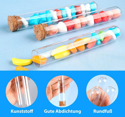 40er Set Transparente Kunststoff Reagenzgläser 16x160mm mit Korken- 20ml Kapazität- inkl. 50 Kraftpapieranhänger+10m Hanfseil