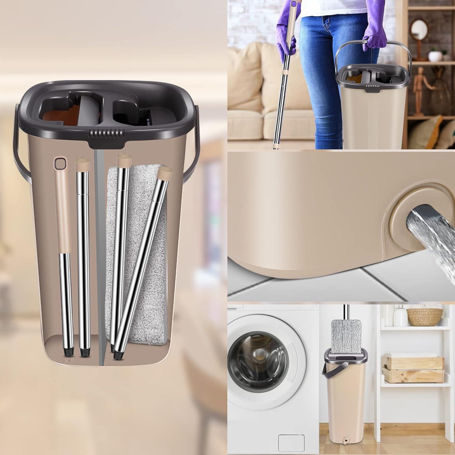 Flachmopp Wischmopp Set mit Eimer 138cm Edelstahlgriff 6 Moppkopf beige