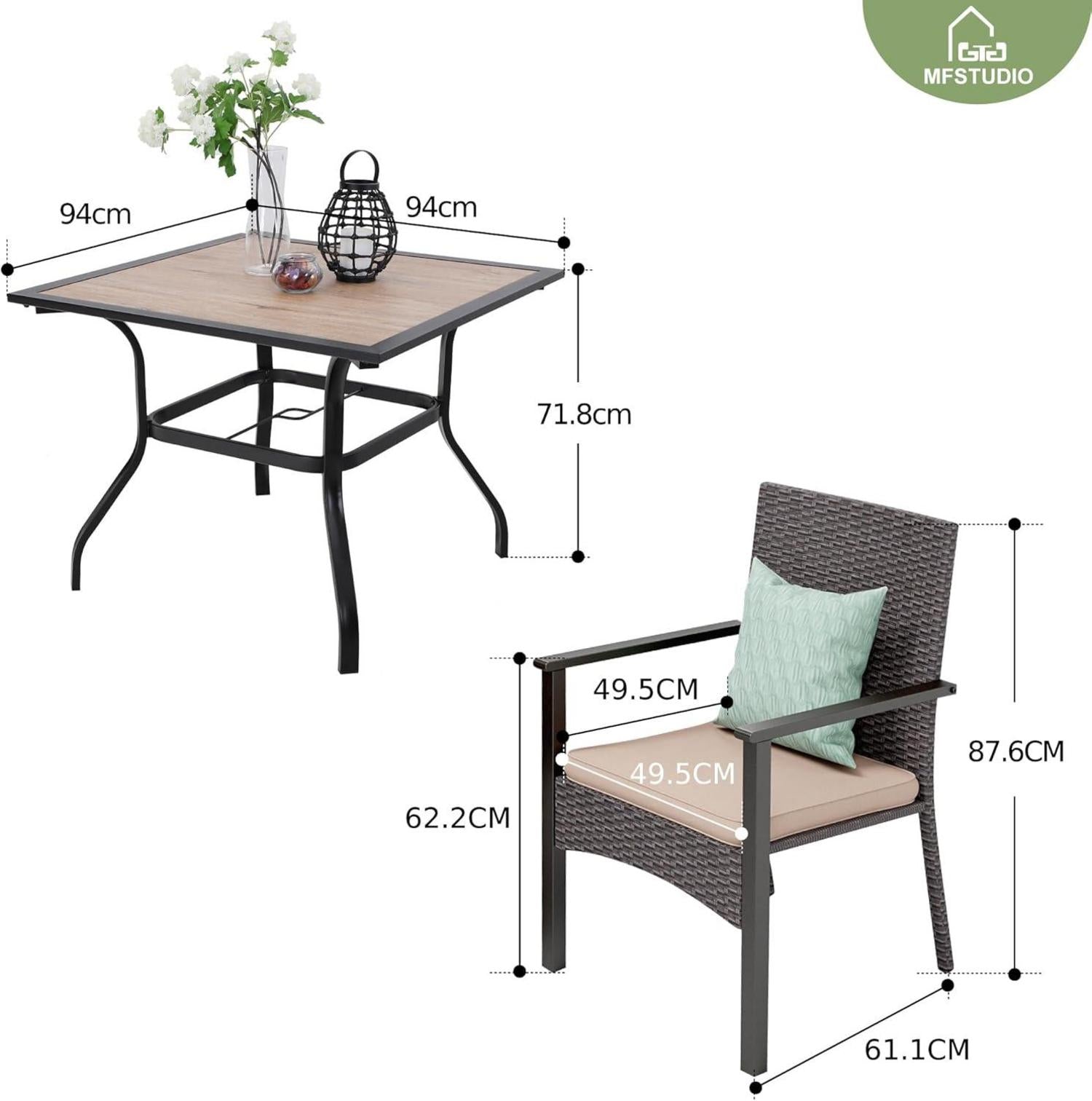 Rattan Gartenmöbel Set mit Metall Gartentisch und Stühlen