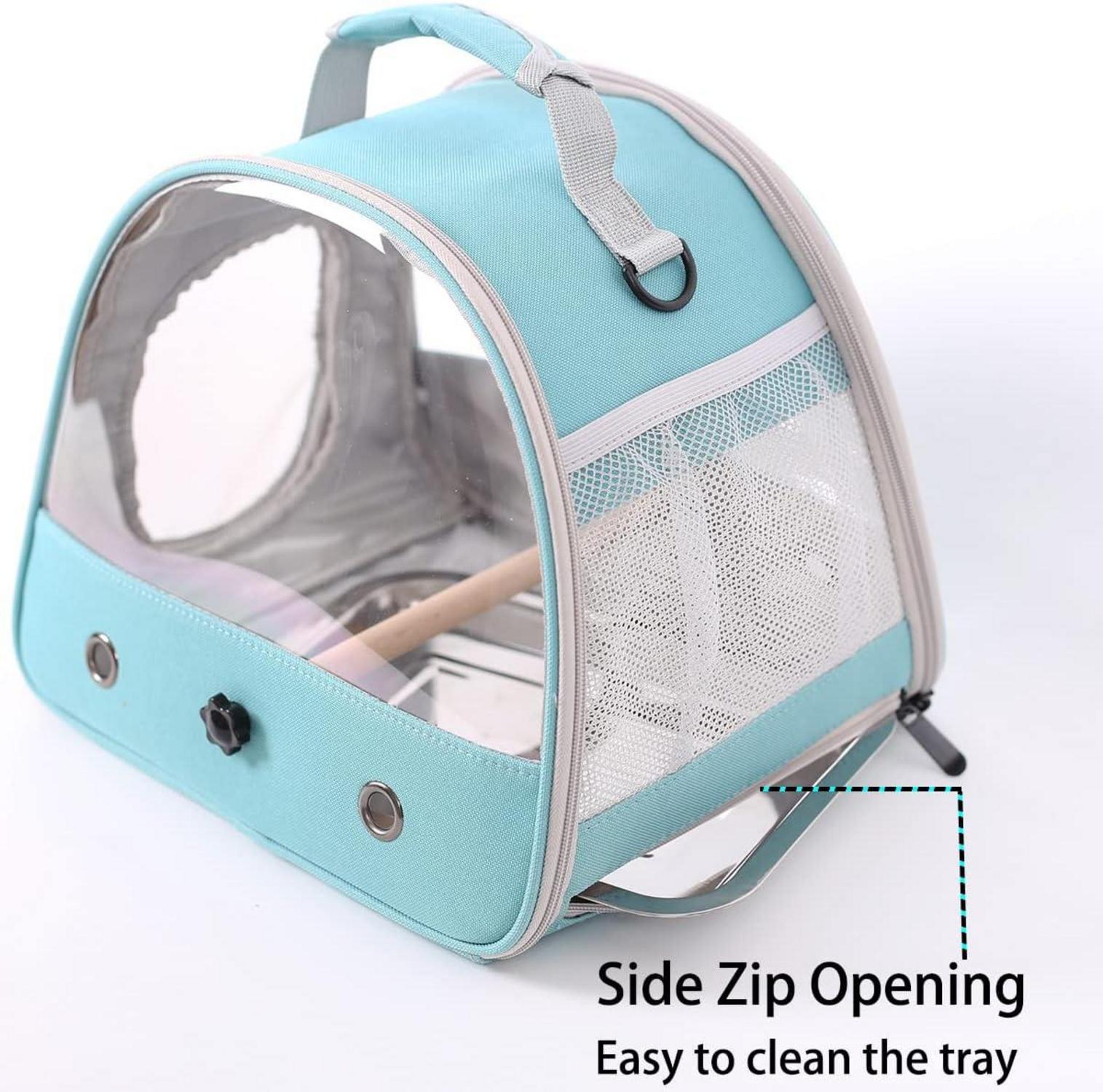 Transporttasche für kleine Vögel mit Edelstahl-Tablett und Holzstange, grün