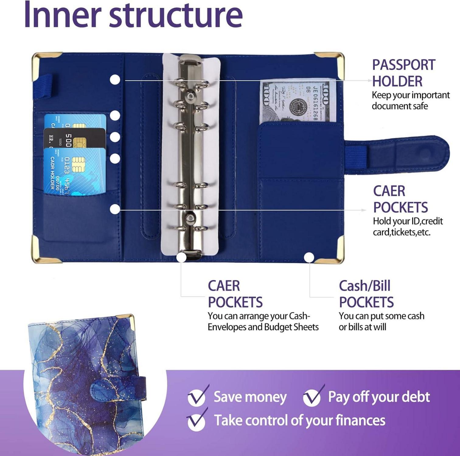 Budget Binder A6 Marmor PU Leder Geld Organizer mit 8 Reißverschluss