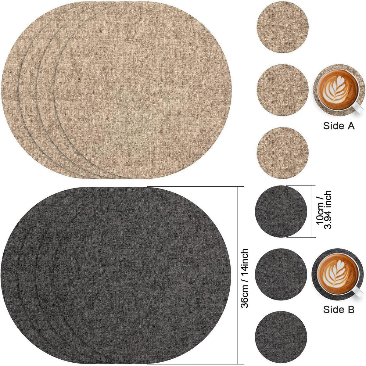 Platzsets Rund 36cm Abwaschbar 6er Set Grau Beige in Lederoptik
