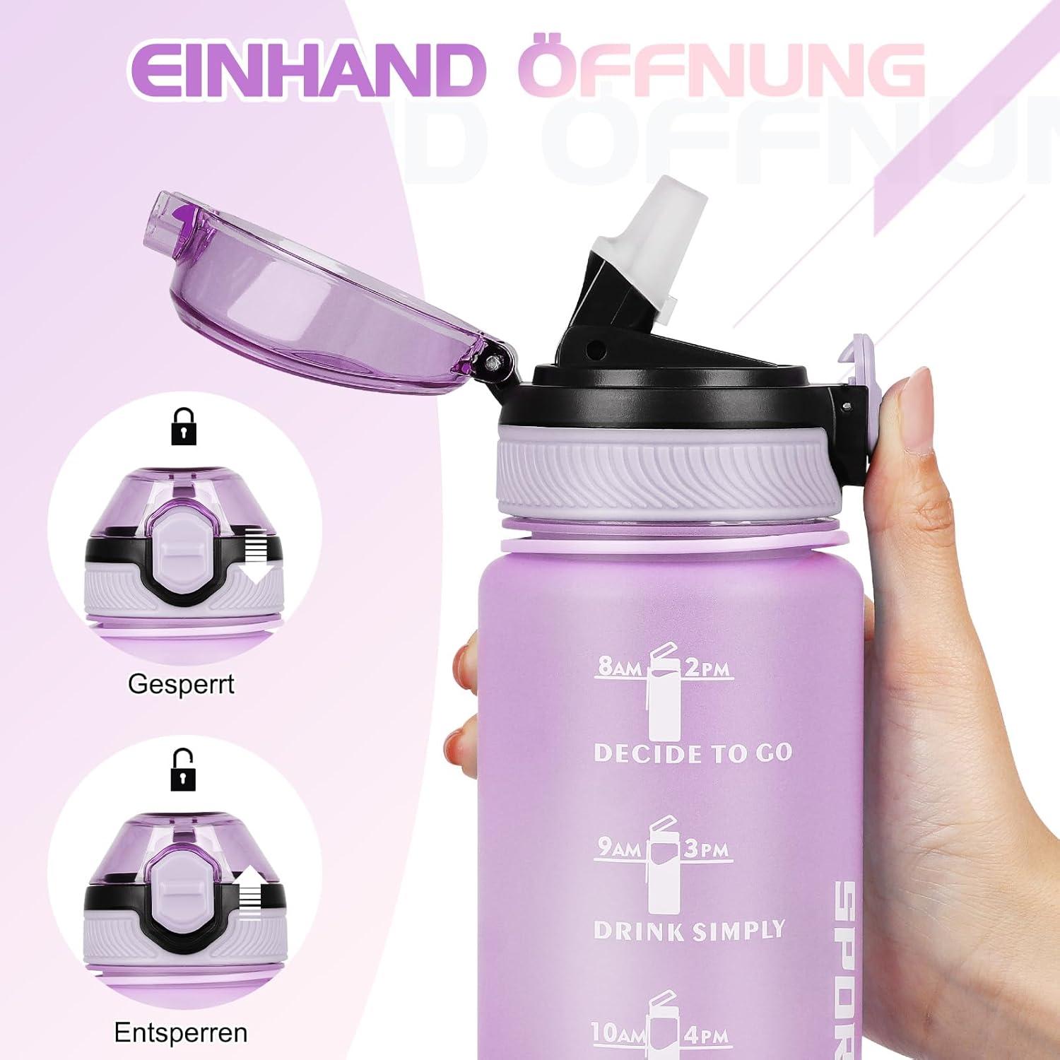 AOHAN Trinkflasche 1L BPA-frei mit Zeitmarkierungen, Stroh, spülmaschinenfest - Lila Rosa