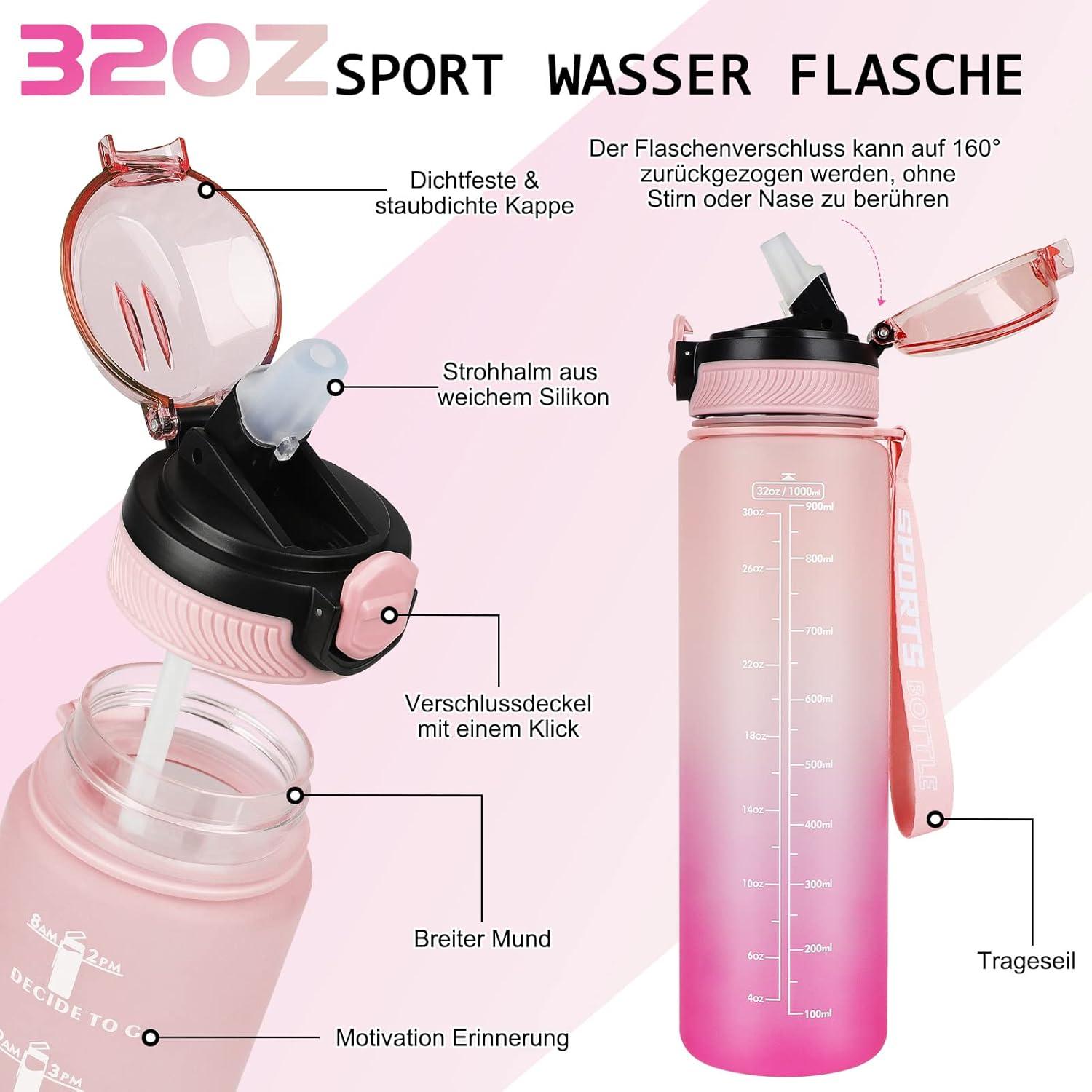 AOHAN Trinkflasche 1L BPA-frei mit Zeitmarkierungen, Stroh