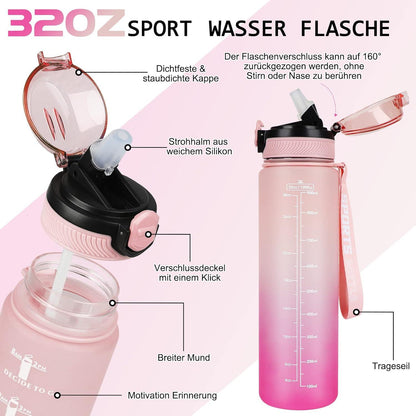 AOHAN Trinkflasche 1L BPA-frei mit Zeitmarkierungen, Stroh