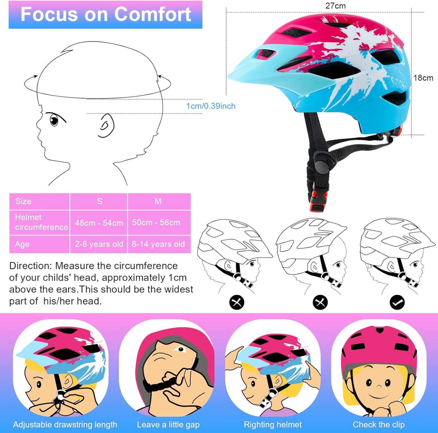 Fahrradhelm Kinder mit Licht und Sicherheitsrücklicht 48-56CM Rot+Blau