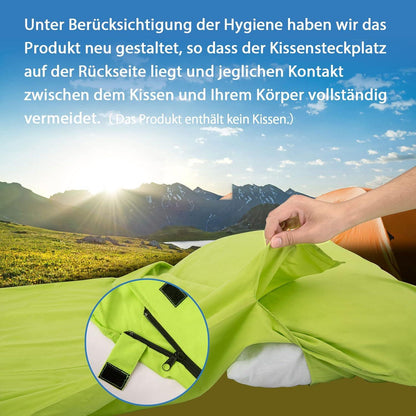 Ultraleichter Hüttenschlafsack aus Seide, Mikrofaser, grün, ideal für Reise, Rucksackreise
